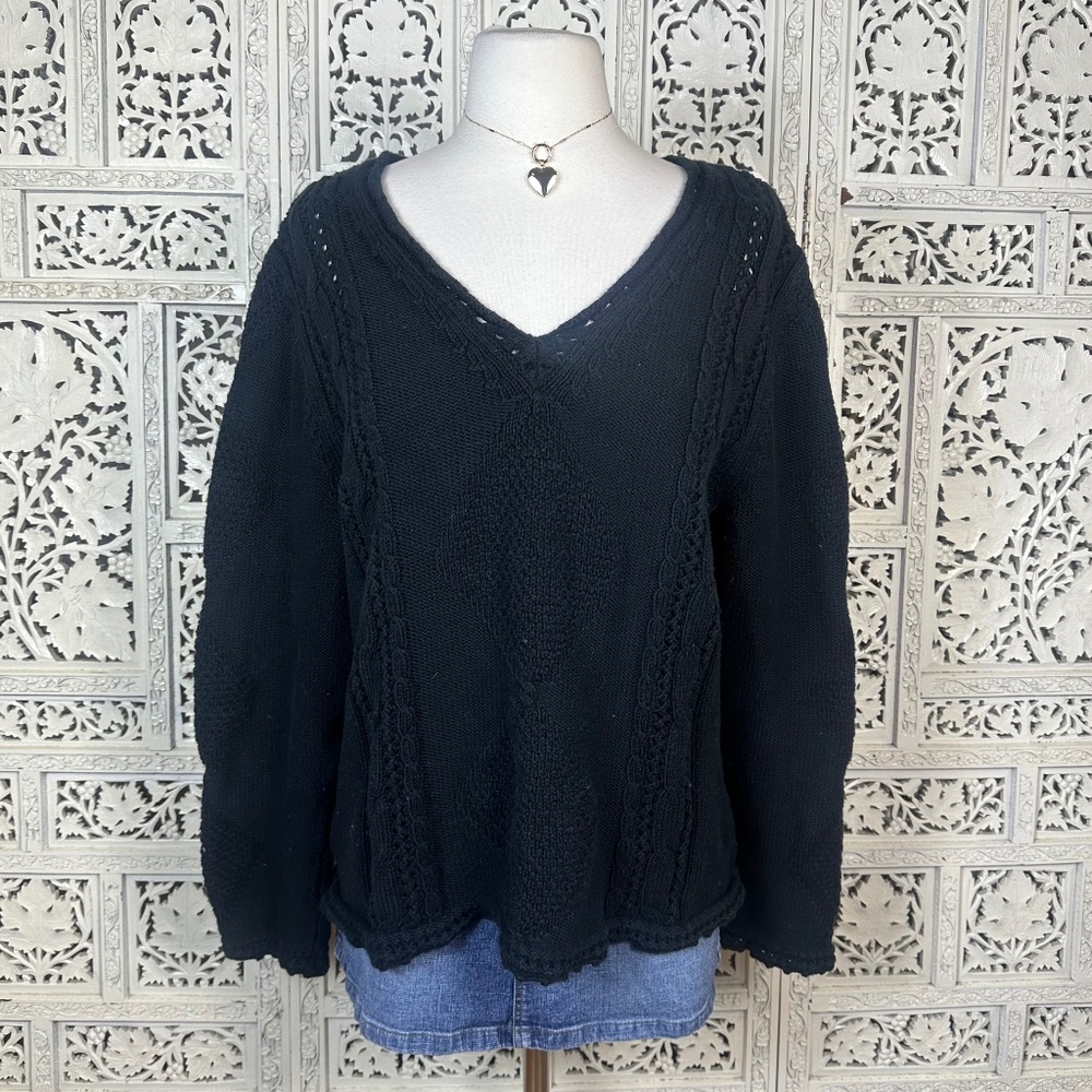 Liz Claiborne Chunky Black Cable Knit Geometric V Neck Grannycore Sweater‎ Sz M